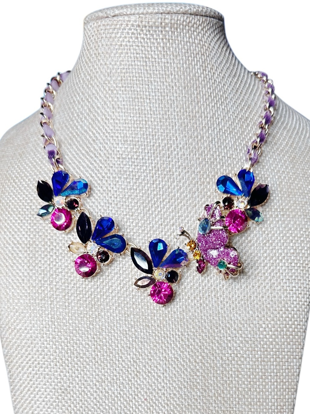 Betsey Johnson Pink, Blue & Purple Crystal Floral Statement Necklace